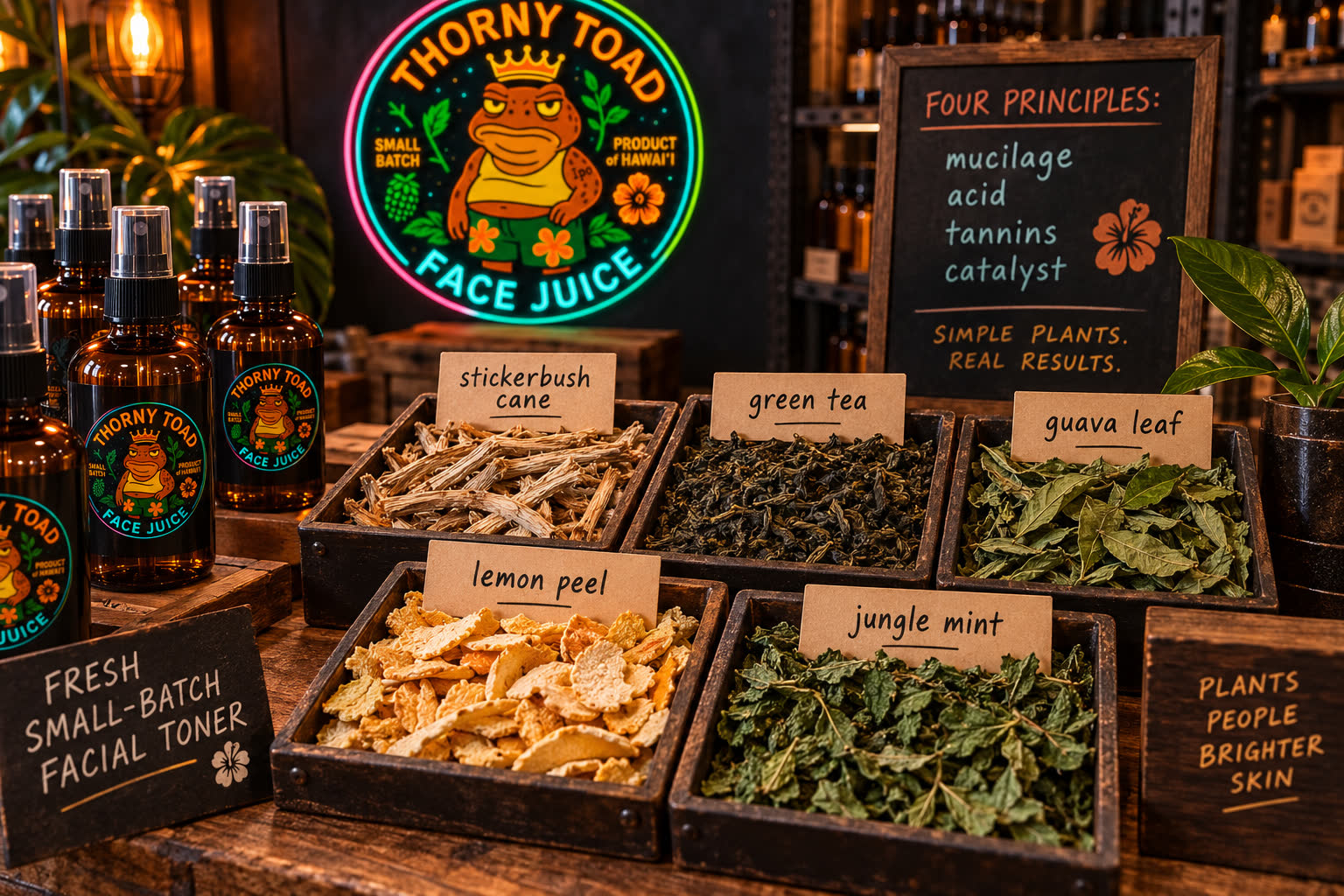 Five wood trays of stickerbush cane, green tea, guava leaf, lemon peel, and jungle mint