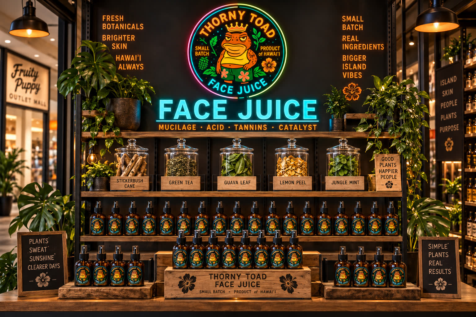 Apothecary jars of botanicals and amber Face Juice bottles under neon